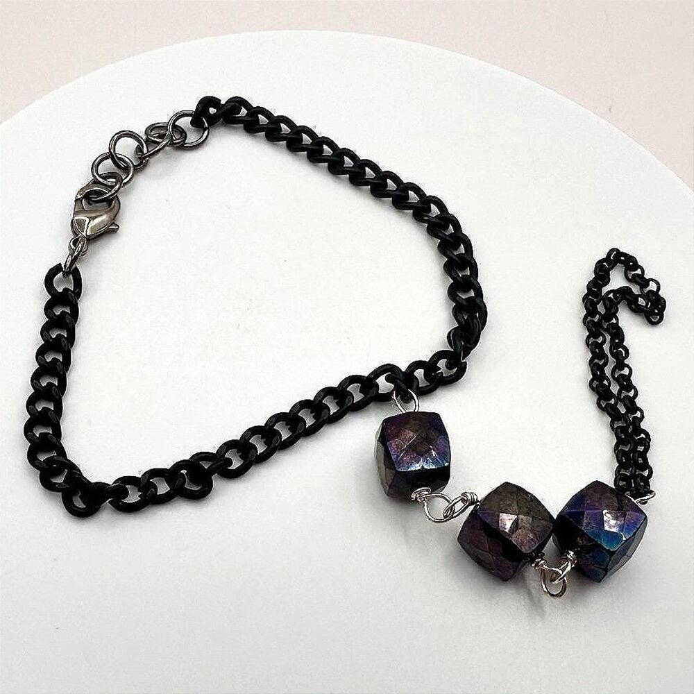 Vintage Y2K Iridescent Purple Glass Cube Black Chain Slave Bracelet Goth Jewelry